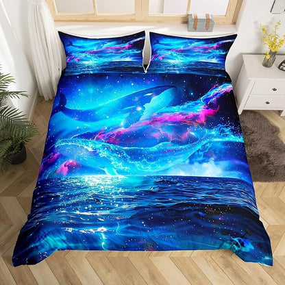 Castle Fairy Sea Whale Bedding Sets King Size, Blue Ocean Creatures and Galaxy Space Starry Shiny Mysterious Nebula Duvet Cover with 2 Pillowcases, Polyester Soft Comforter Cover for Adult