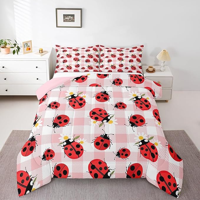 Cartoon Ladybug Bedding Set Twin Size Rustic Pink Plaid Comforter Set for Kids Teens Room Decor Cute Dasiy Flower Duvet Insert Geometric Polka Dots Down Comforter Set,2Pcs