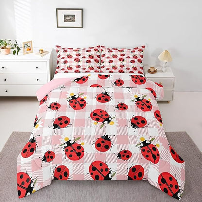 Cartoon Ladybug Bedding Set Twin Size Rustic Pink Plaid Comforter Set for Kids Teens Room Decor Cute Dasiy Flower Duvet Insert Geometric Polka Dots Down Comforter Set,2Pcs