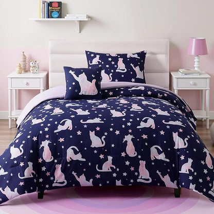 Twin Comforter Set for Girls -3 Pieces Cute Cat Twin XL Bedding Set with 1 Comforter, 1 Decor Pillow, 1 Pillow Sham