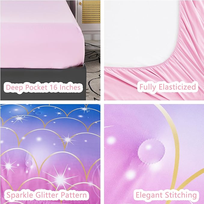URBONUR Mermaid Comforter Set Full Size 6 Pieces Bed in a Bag Pink Blue Girls Bedding Colorful Bedroom Decor Soft All Season Kids Bed Sets