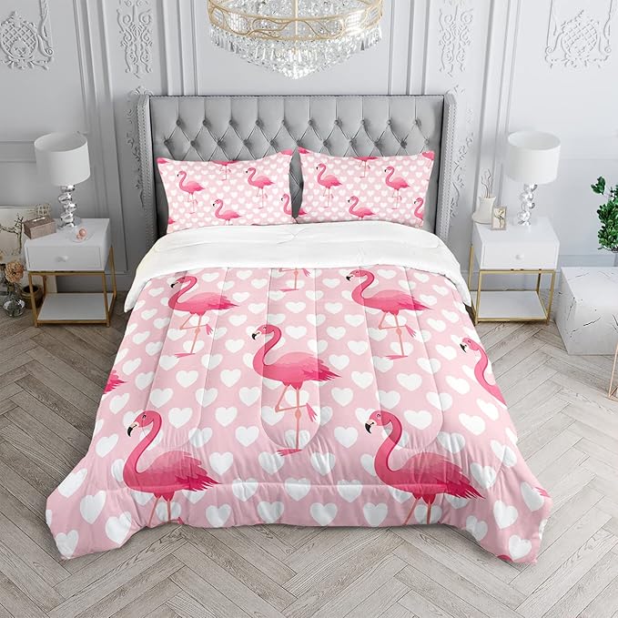 Flamingo Comforter Set Twin Size Tropical Pink Flamingo Love Heart Pattern Bedding Set Kawaii Quilted Duvet for Kids Girls Boys Adult with 1 Comforter and 2 Pillowcases