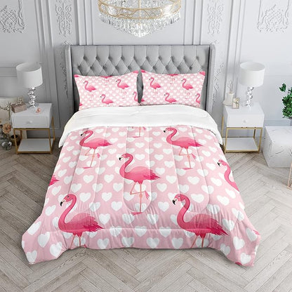 Flamingo Comforter Set Full Size Tropical Pink Flamingo Love Heart Pattern Bedding Set Kawaii Quilted Duvet for Kids Girls Boys Adult with 1 Comforter and 2 Pillowcases