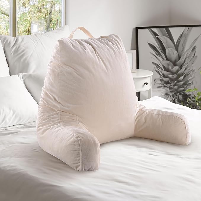 Cheer Collection Reading Pillow with Arms – Portable Bed Pillow for Sitting Up & Support, Foam-Filled Back Rest Pillow for Sitting in Bed & Couch, Machine Washable Ivory (Large)