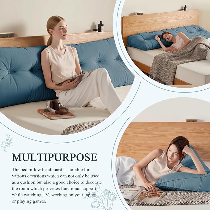 Headboard Pillow Queen, Large Triangular Wedge Headboard Pillow for Reading and Resting, Backrest Positioning Support Pillow with Removable Cover (Light Blue)