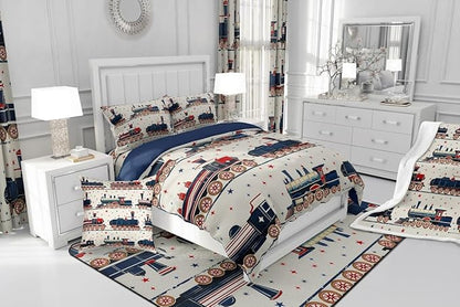 Erosebridal Vintage Steam Train Bedding, Cartoon Classic Railway Retro King Comforter Set, Gifts for Kids Girls Boys Travel Locomotive Train Bedding Sets Galaxy Stars Decorations Duvet Set