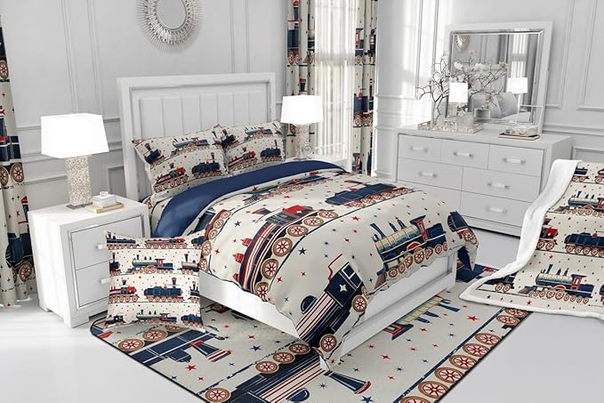 Erosebridal Vintage Steam Train Bedding, Cartoon Classic Railway Retro Twin Comforter Set, Gifts for Kids Girls Boys Travel Locomotive Train Bedding Sets Galaxy Stars Decorations Duvet Set