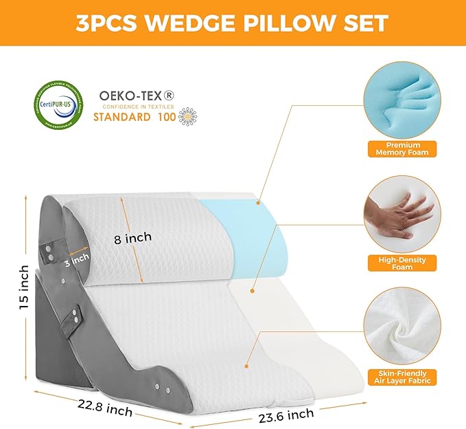 3PCS Wedge Pillow Set for After Surgery, 10-in-1 Adjustable Wedge Pillow for Acid Reflux Relief, Bed Wedge Pillows for Sleeping, Snoring & Back Pain Relief, Sit up Pillow for Bed, White