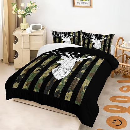 Deer Hunting Comforter Set Full Size, American Flag Bedding Set for Boys Teens, Army Green Military Camo Stripes Bedding Quilt Set Bedroom Decor 3 Pcs with 2 Pillowcase