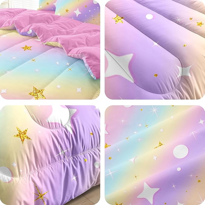 5 Pcs Full Bedding Sets for Girls, Pink Glitter Rainbow Bed in A Bag Full Size Bed Set, Stars Galaxy Bedding Comforter Set for Girls