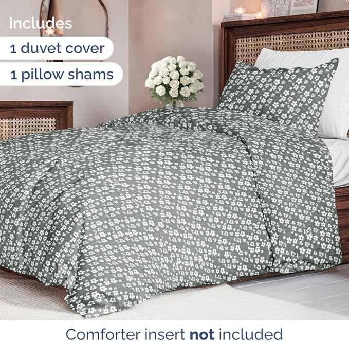 Duvet Cover Twin/Twin XL Size Set - Extra Soft Floral Duvet Cover 68 x 90 with 1 Pillow Sham - Comfy, Breathable Floral Bedding Set - Hotel Luxury & Fade Free w/ Zipper Closures & Ties - Green Meadow