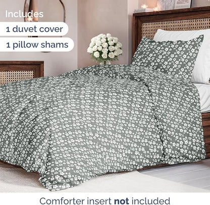 Duvet Cover Twin/Twin XL Size Set - Extra Soft Floral Duvet Cover 68 x 90 with 1 Pillow Sham - Comfy, Breathable Floral Bedding Set - Hotel Luxury & Fade Free w/ Zipper Closures & Ties - Green Meadow