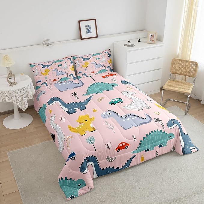 Cute Dino Kids Comforter Set Queen Size,Cartoon Cars Dinosaur Rainbow Print Bedding Set for Women Adult,Kawaii Animal Vehicle Drawn Pink Luxury Bed Duvet Insert, 2 Pillowcases