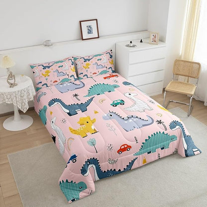 Castle Fairy Cute Dino Kids Full Size Comforter Set,Cartoon Cars Dinosaur Rainbow Print Bedding Comforters Bedroom Collection,Kawaii Animal Vehicle Drawn Pink Bedding Set for Girls Teens
