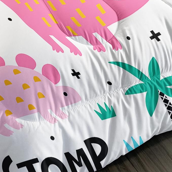 Axolotl Girls Bedding Cartoon Dinosaur Comforter Set Queen Size,Cute Dinosaur Bedding Set for Girls Teens Kids Boys Adults Room Decor,Kids Comforter Set All Season,1 Quilt 2 Pillow Cases,White