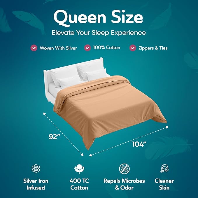 Sleepgram Supima Machine Washable 400 Thread Count Cotton Silver Ion Infused Luxury Zippered Duvet Cover with Travel Bag, Queen, Sand