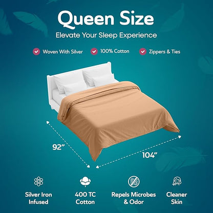 Sleepgram Supima Machine Washable 400 Thread Count Cotton Silver Ion Infused Luxury Zippered Duvet Cover with Travel Bag, Queen, Sand