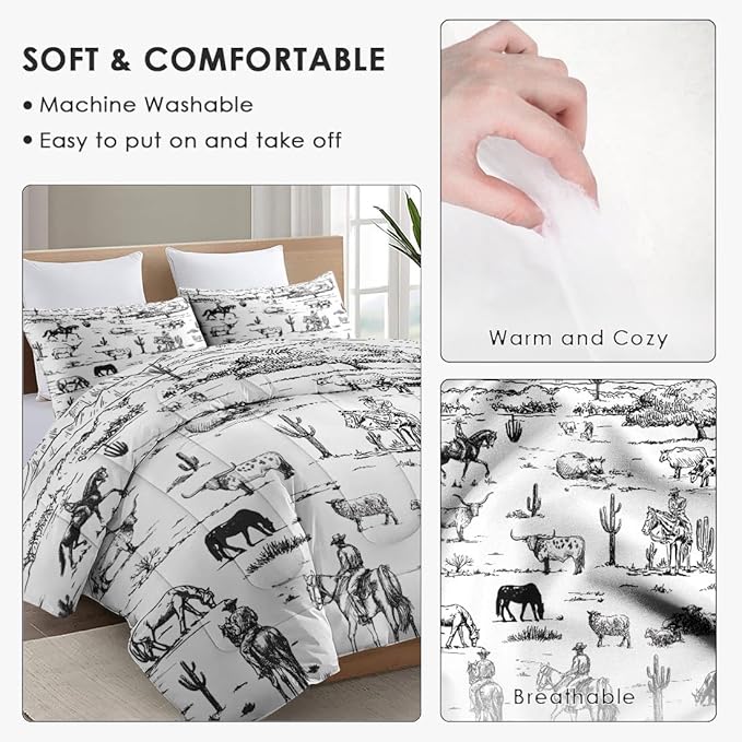 Full Size Comforter Set with 2 Pillowcase, Cowboy Cow Farm Soft 3 Pcs Bedding for Kids and Adults, Horse Vintage Western Comforter Set for Room Bedroom Bed Decor