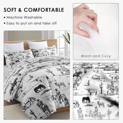 Twin Size Comforter Set with Pillowcase, Cowboy Cow Farm Soft 2 Pcs Bedding for Kids and Adults, Horse Vintage Western Comforter Set for Room Bedroom Bed Decor
