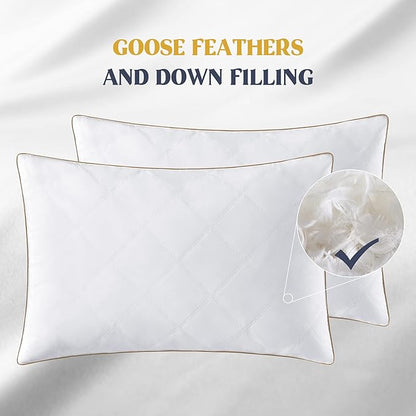 puredown® Goose Feathers and Down Pillow with Diamond Quilting with 100% Cotton Cover, Pack of 2, Queen Size
