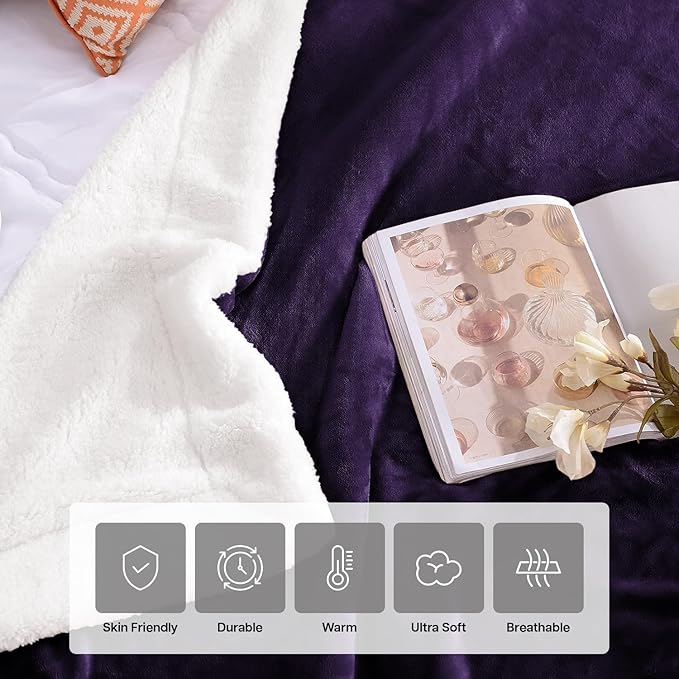 IR Imperial Rooms Sherpa Fleece Throw Blanket for Couch - Soft and Fuzzy Purple Blanket for Winter - Reversible Thick and Warm Fluffy Throw Blankets for Bed, Sofa, Camping and Travel, 50x60 Inches