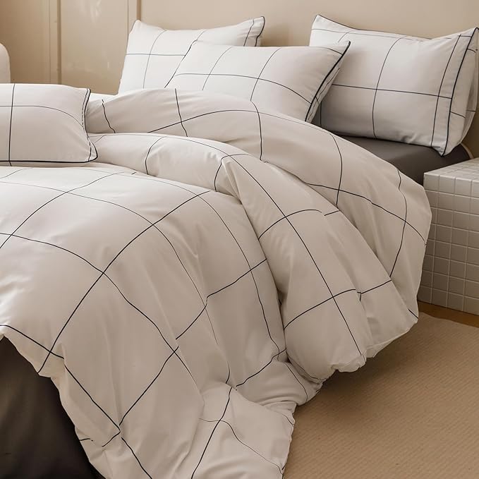 Wellboo Plaid Comforter Set Queen Black White Grid Checkered Bedding Comforter Cotton Buffalo Check Grid Quilt for Women Men Soft Modern Big Plaid Geometric Gingham Bed
