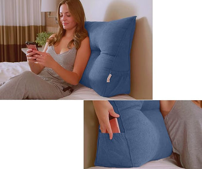 Triangular Reading Bed Rest Pillow Large Bolster Cushion Headboard Backrest Wedge Pillow with Removable Cover and Two Large Side Pockets (Chalk Grey, 47 x 8 x 20 inches)