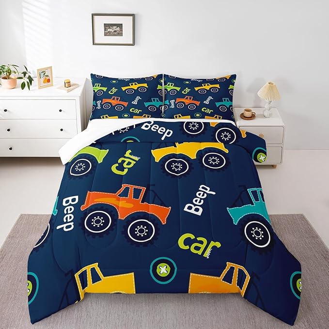 Feelyou Cartoon Car Bedding Set Construction Kids Comforter Set Boys Girls Equipment Trucks Decor Comforter Microfiber Cartoon Car Excavator Tractor Duvet Set Bedroom Quilt Set Full