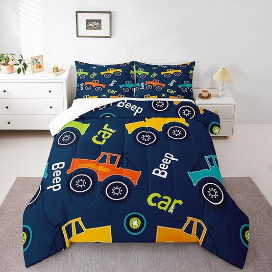 Feelyou Cartoon Car Bedding Set Construction Kids Comforter Set Boys Girls Equipment Trucks Decor Comforter Microfiber Cartoon Car Excavator Tractor Duvet Set Bedroom Quilt Set Full