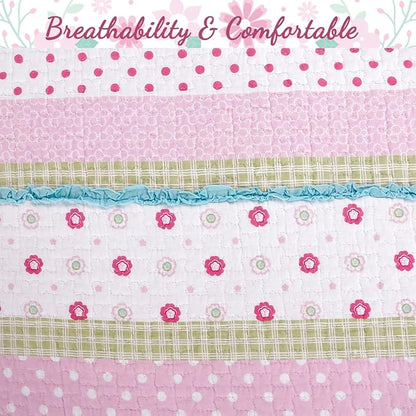 Cozy Line Home Fashions Pink Ruffle Flowers Polka Dot Girl 100% Cotton Reversible Quilt Bedding Set, Coverlet, Bedspread for All Seasons (Queen - 6 Piece)