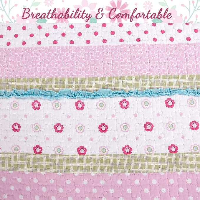 Cozy Line Home Fashions Pink Ruffle Flowers Polka Dot Girl 100% Cotton Reversible Quilt Bedding Set, Coverlet, Bedspread for All Seasons (Twin - 5 Piece)