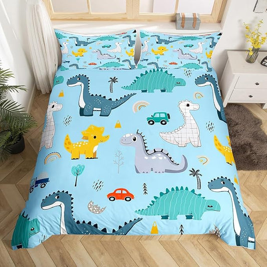 Cute Car Kids Bedding Set Twin Size,Kawaii Dino Colorful Wild Animal Comforter Cover Set for Kids Girls,Cartoon Dinosaur Rainbow Sketch Blue Bedding Quilt Cover Set Bedroom Decor, 2 Pcs