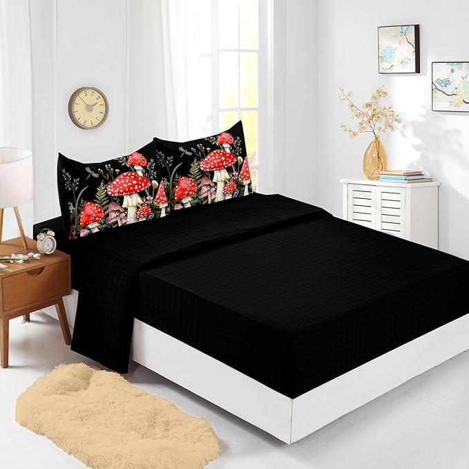 Red Mushroom Kawaii Comforter Set 7Pcs Kids Mushroom Dragonfly Bedding Set for Boy Girl Adult Botanical Plant Theme Printed Quilt Bed Set Queen with 2 Sheets,2 Pillowcases,2 Throw Pillow Covers