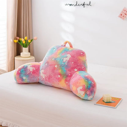 Aimuan Reading Pillow Glow in The Dark Bed Rest Wedge Kids Glow Backrest Pillow Unicorn Print with Arms Back Support for Sitting Up in Bed Cushion, Rainbow