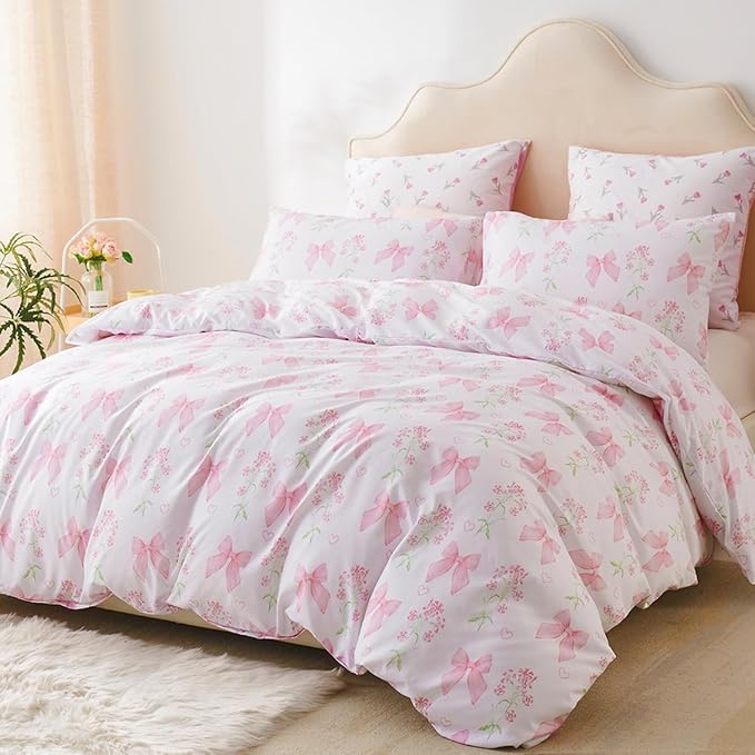 Duvet Cover Twin 2Pcs Pink Floral Bow Bedding Set for Girls Kids, Romantic Princess Style Bowknot Bedding, Ultra Soft Reversible Garden Flower Duvet Cover Set(1 Pillowcase,No Comforter)