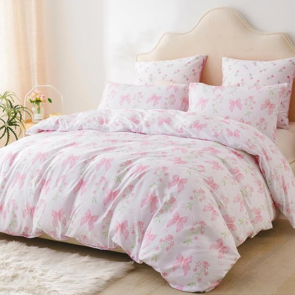 Duvet Cover Twin 2Pcs Pink Floral Bow Bedding Set for Girls Kids, Romantic Princess Style Bowknot Bedding, Ultra Soft Reversible Garden Flower Duvet Cover Set(1 Pillowcase,No Comforter)
