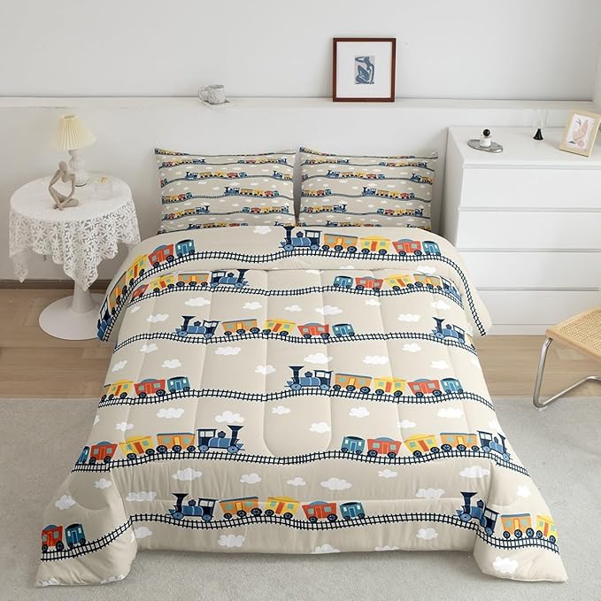 Erosebridal Kids Cartoon Train Bedding Sets King for Boys Cute Truck Car Themed Comforter Set Kawaii Steam Engine Duvet Insert White Clouds Watercolor Beige Print Comforter for Kids Bedroom