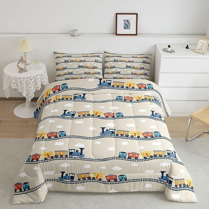 Erosebridal Kids Cartoon Train Bedding Sets King for Boys Cute Truck Car Themed Comforter Set Kawaii Steam Engine Duvet Insert White Clouds Watercolor Beige Print Comforter for Kids Bedroom