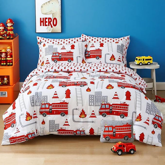 Mooreeke Kids Full Comforter Sets for Boys 8 Pieces Fire Truck White Bedding Set for Teens Soft Microfiber Kids Bed in A Bag with Comforter, Sheet Set, Shams and Decorative Toy Pillow All Season