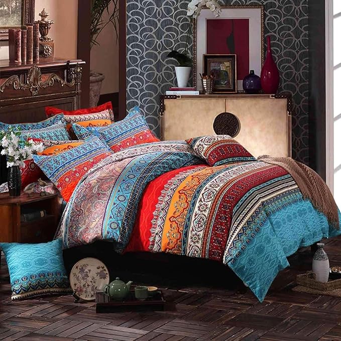 Duvet Cover Queen Bohemian Soft Cotton 3 Pieces Boho Bedding Sets Boho Exotic Colorful Chic Style Teal Orange Mandala Bohemian Retro Print Duvet Cover Queen, with Zipper Closure (NO Comforter)