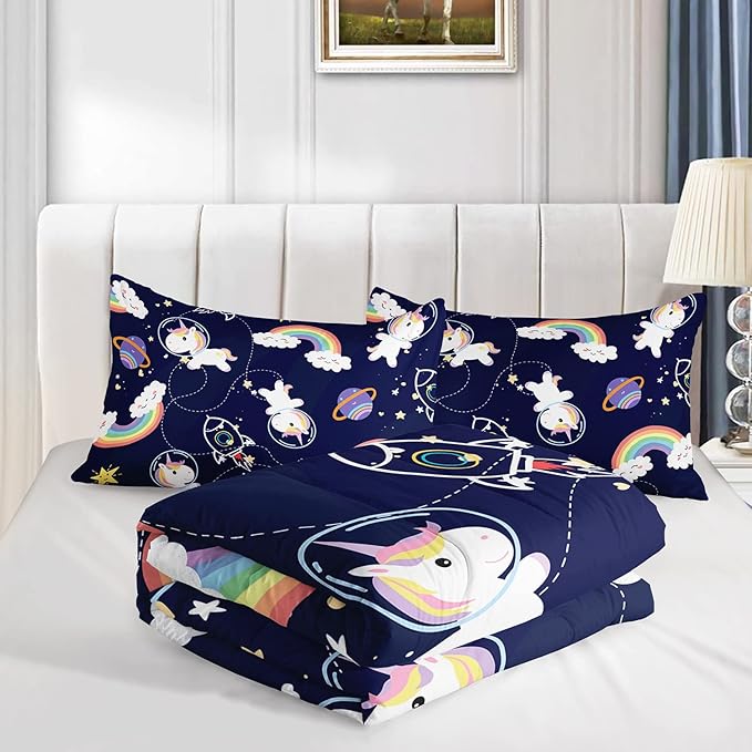 Unicorn Comforter Set Queen Size for Kid Girls Space Rocket Rainbow Star Pattern Quilt Bedding Set with 1 Comforter and 2 Pillowcases