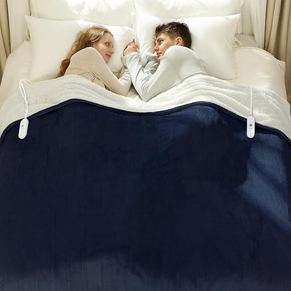Queen Size Heated Blanket 84" x 90" - Flannel Sherpa Electric Blanket Queen with Dual Control, 5 Heating Levels & 10 Hours Auto Off, Heating Blanket with Overheat Protection for Home (Navy)