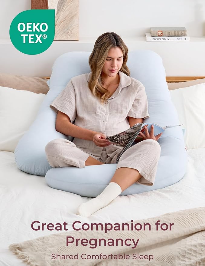 Momcozy Pregnancy Pillows for Sleeping, U Shaped Full Body Pillow 57 Inch for Pregnant Women with Back, Hip, Leg, Belly Support, Washable Jersey Cotton Cover Included, Light Blue
