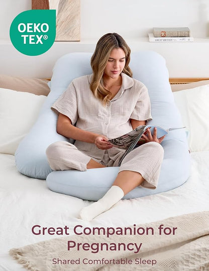 Momcozy Pregnancy Pillows for Sleeping, U Shaped Full Body Pillow 57 Inch for Pregnant Women with Back, Hip, Leg, Belly Support, Washable Jersey Cotton Cover Included, Light Blue
