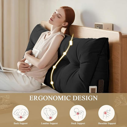 Headboard Pillow King, Large Triangular Wedge Headboard Pillow for Reading and Resting, Backrest Positioning Support Pillow with Removable Cover (Black)