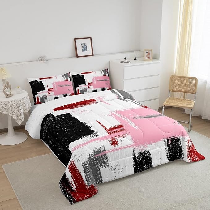 Feelyou Abstract Bedding Set Comforter Set for Kids Boys Girls Teens Room Decor Modern Abstract Art Comforter Black Red White Pink Duvet Set 3Pcs King Size