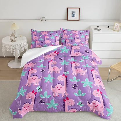 Axolotl Cute Dinosaur Comforter Set Full Size,Girls Bedding Cartoon Dinosaur Bedding Set for Girls Teens Kids Boys Adults Room Decor,Kids Comforter Set All Season,1 Quilt 2 Pillow Cases,Purple