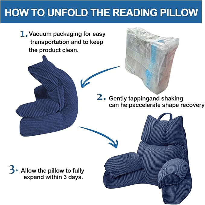 RRPAHWTV Reading Pillow for Bed with High Arm Rests,Back Support Pillow for Sitting Up in Bed with Shredded Memory Foam for Reading, TV, Gaming or Relaxing on Floor (Navy Blue, Large)