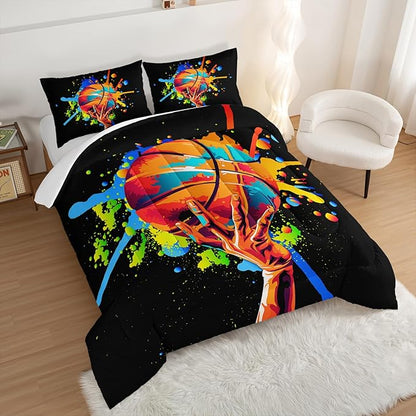Black Basketball Comforter Set Full Size,Watercolor Tie-dye Comforter Color Graffiti Hip Hop Style Full Bed Set,Ball Sports Games Bedding Set for Teens Kids Bedroom Decor with 2 Pillowcases.