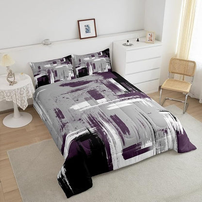 Feelyou Abstract Bedding Set Kids Modern Abstract Art Comforter Set Purple Grey Black Comforter for Boys Room Decor Lightweight Retro Duvet Set Toddler Size with 1 Pillow Case